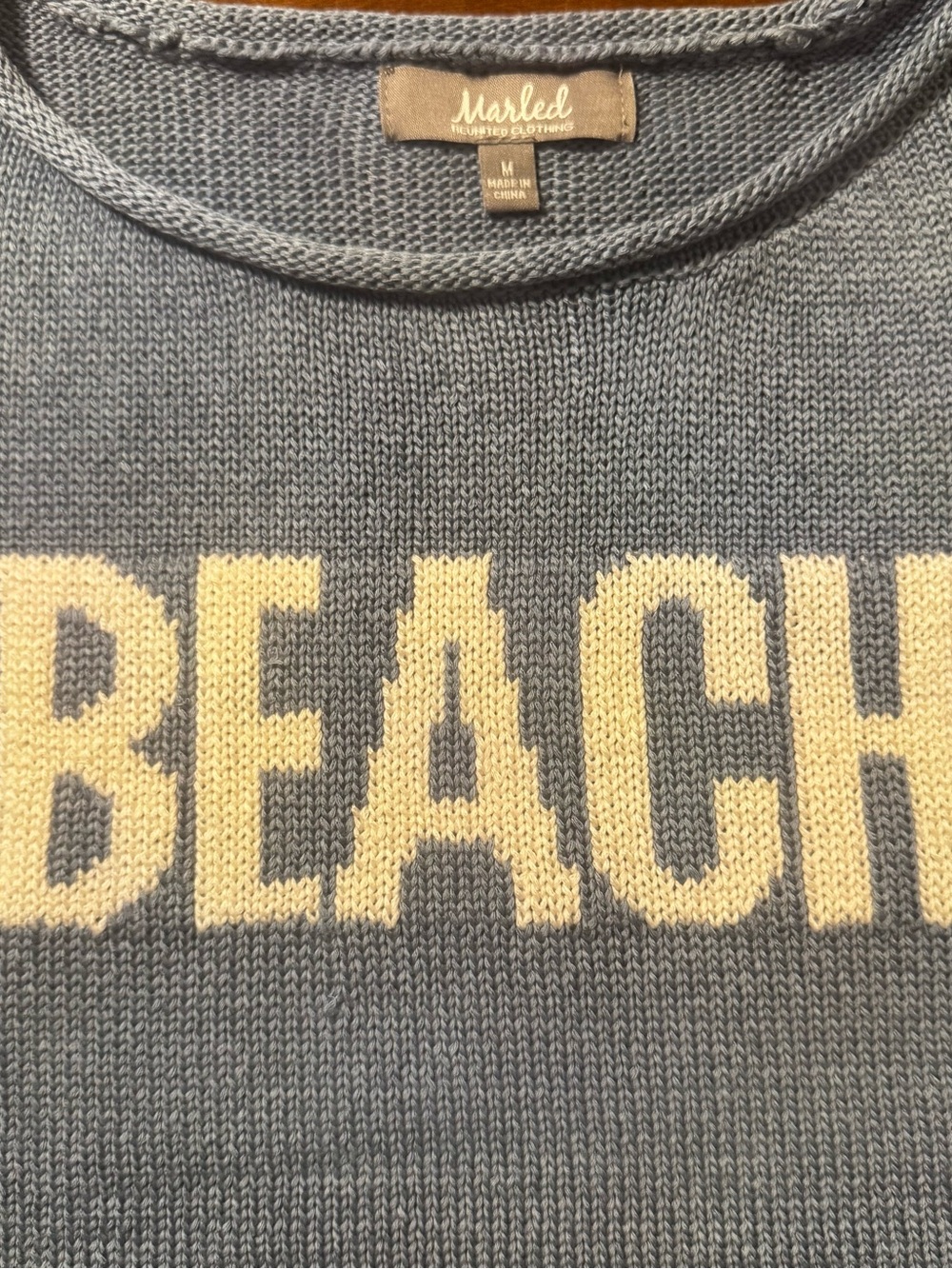 Blue Crewneck Sweater with Cream 'BEACH' Lettering